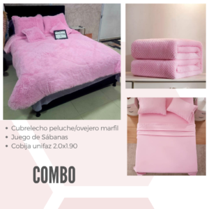 Combo edredón peluche, juego de sábanas y manta
