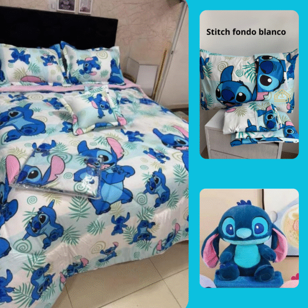 Combo edredón, juego de sábanas y muñeco con manta stitch