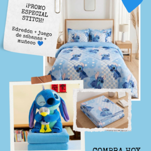 Combo edredon stitch tela/tela con sábanas Y muñeco con manta